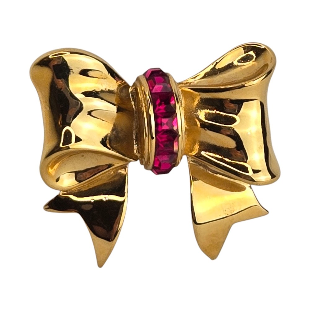 Rare Vintage J.L. Aldenkamp Gold Tone Bow Brooch Ruby Rinestone Crystals Ribbon